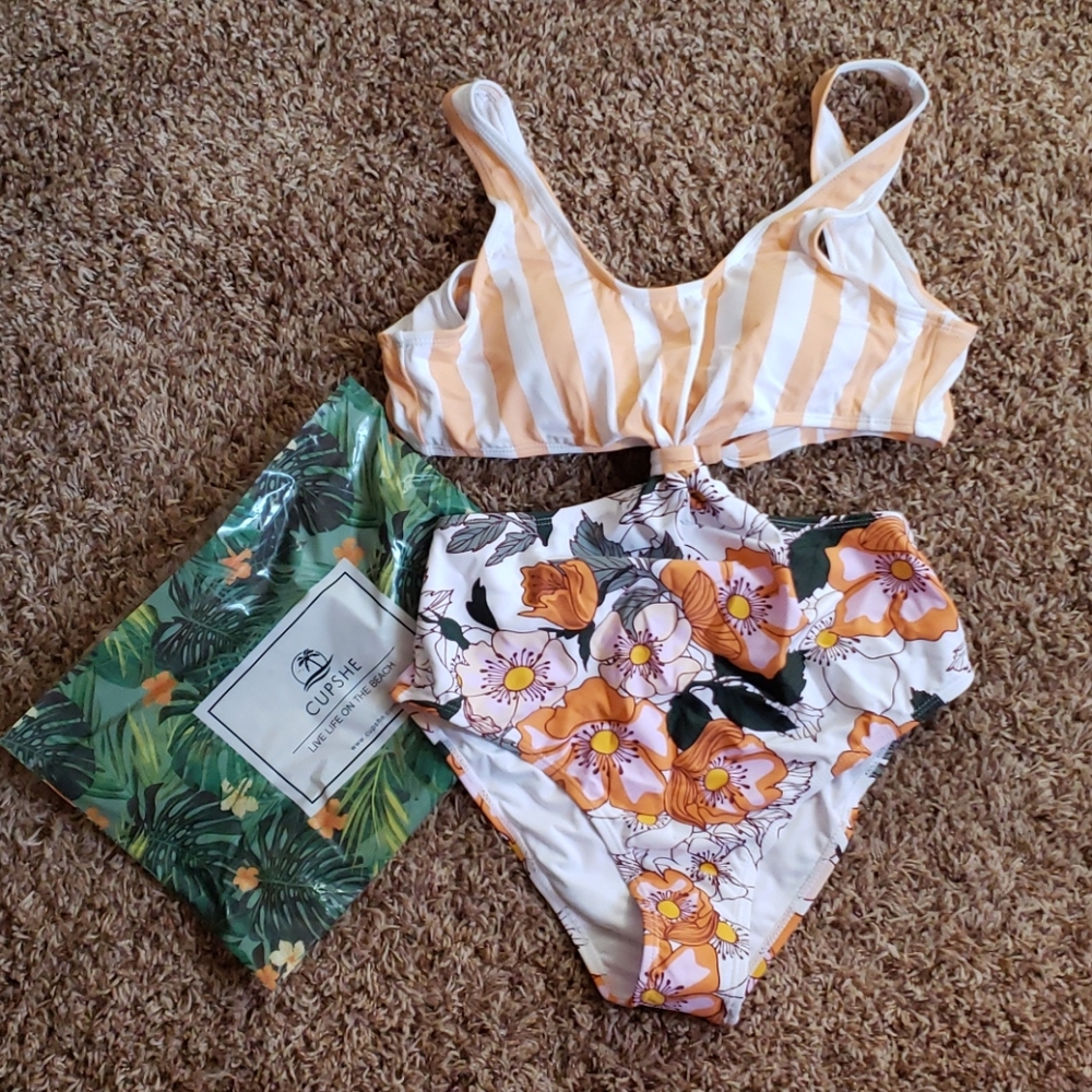 Orange Striped and Floral Cut-Out One Piece